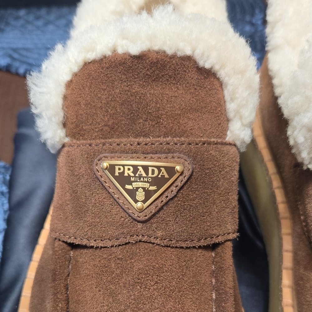 Prada Brown Suede Shearling-Lined Loafers - Picture 2 of 5